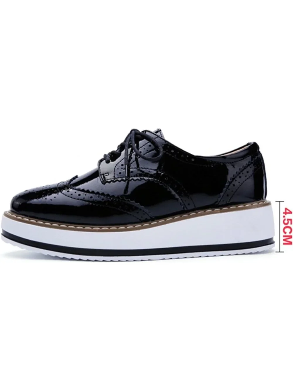 Womens Shine-Black Round Toe Lace Up Leather Oxford Shoes Wingtip White Platform